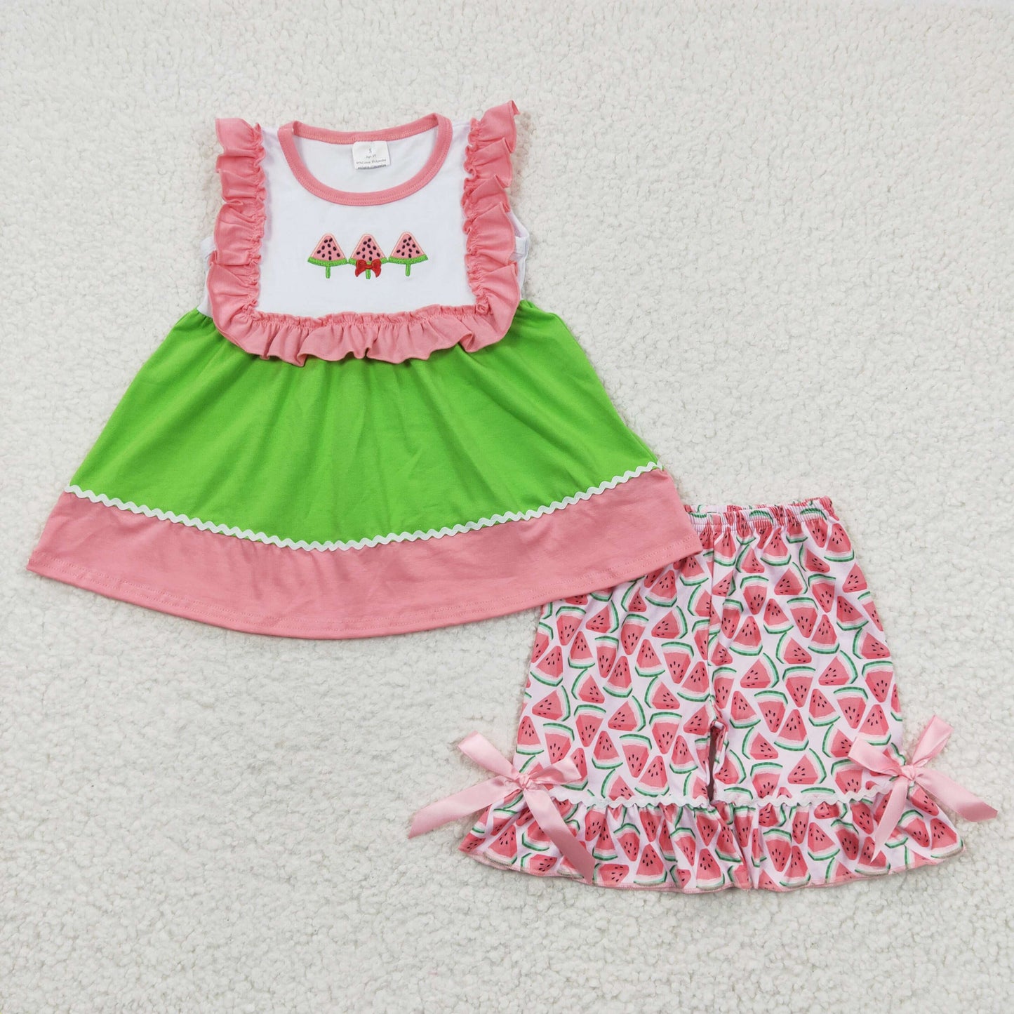 GSSO0179 Watermelon Embroidery Tunic Top Ruffle Shorts Girls Summer Clothes Set