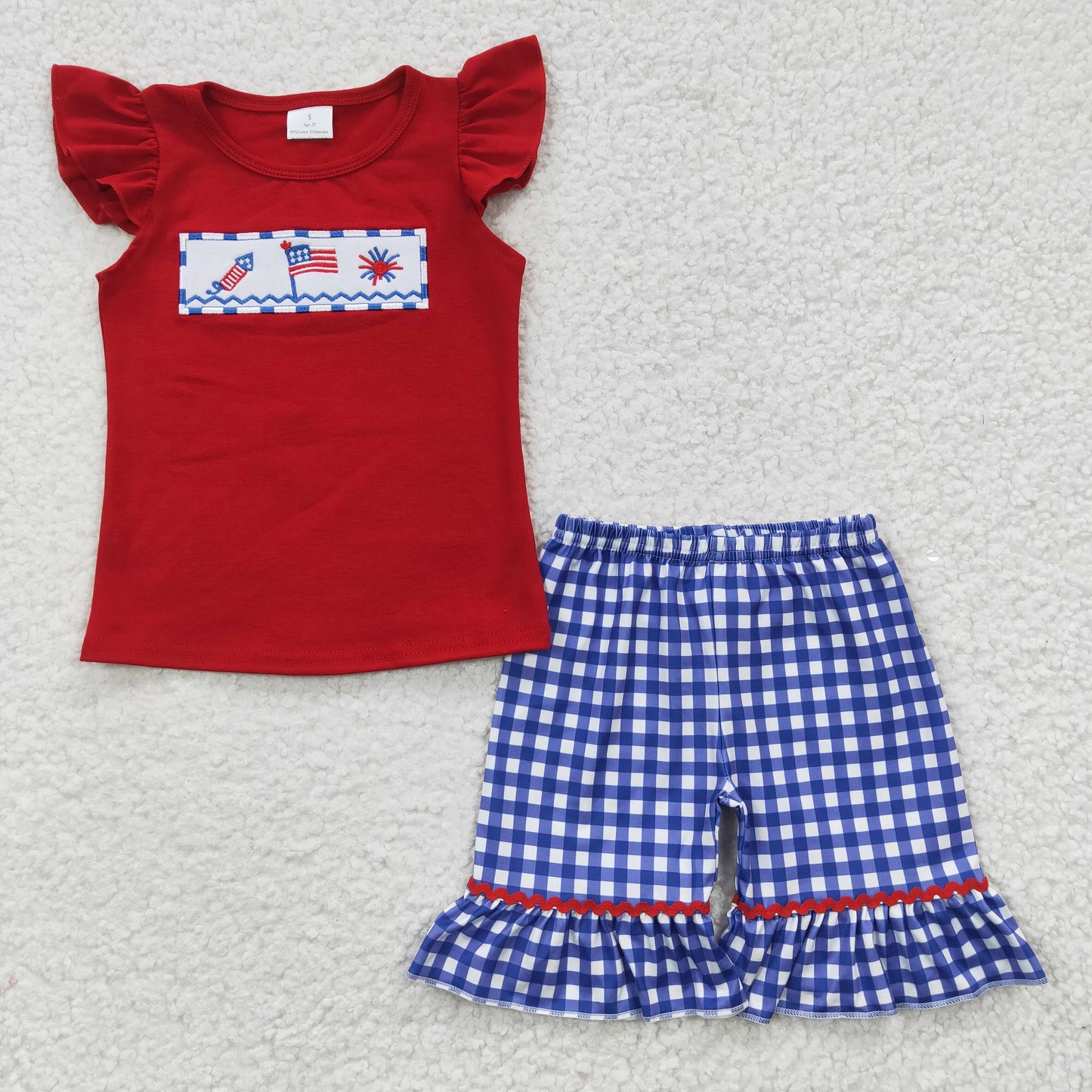 GSSO0193 Flag Embroidery Red Top Plaid Shorts Baby Girls 4th of July Clothes Sets