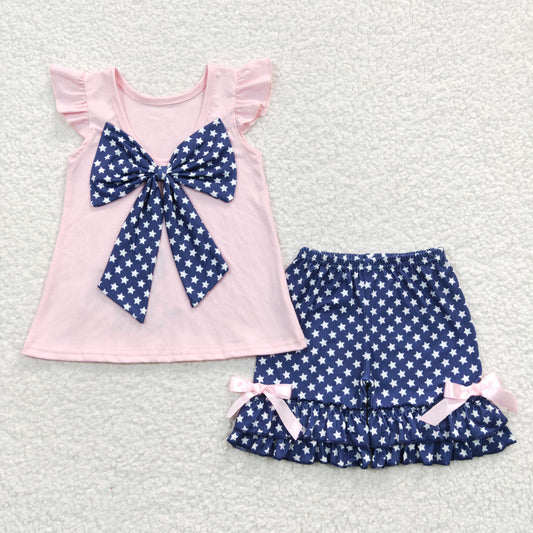 Puppy Flag Embroidery Top Stars Shorts Girls 4th of July Clothes Set