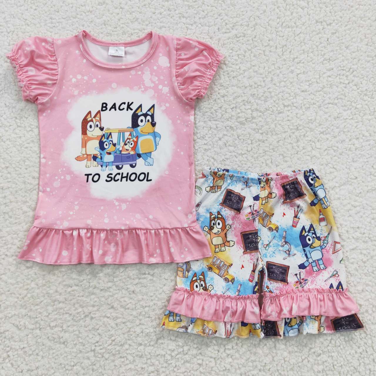 GSSO0360 Cartoon Dog Pink Top Tie-dye Ruffle Shorts Girls Back to School Clothes Set