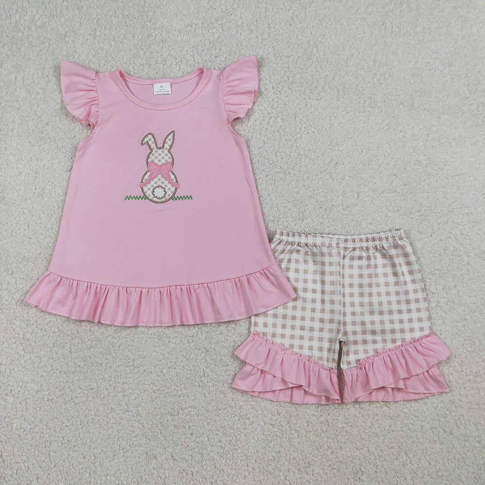 GSSO0374 Bunny Embroidery Pink Top Plaid Shorts Girls Easter Clothes Set