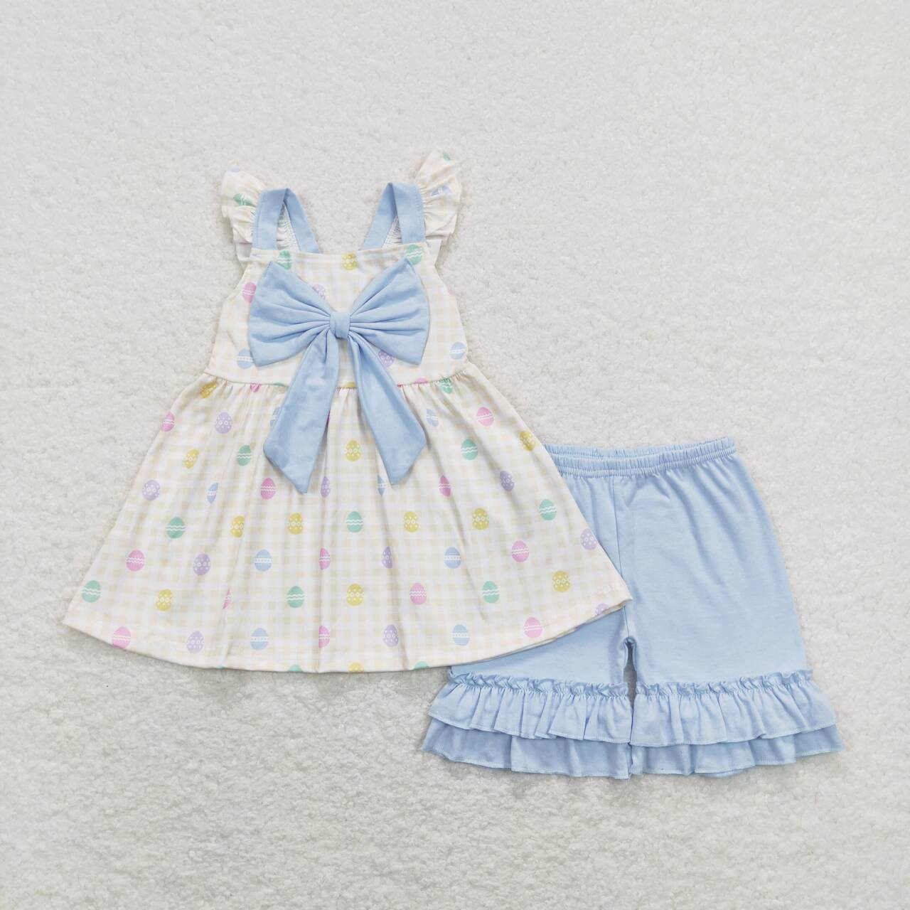 GSSO0420 Eggs Plaid Tunic Top Blue Ruffle Shorts Girls Easter Clothes Set