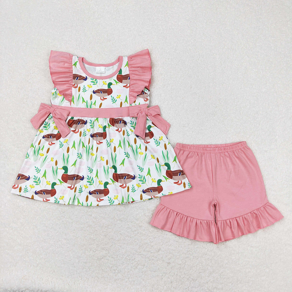Sibling Baby Girls Pink Short Ruffle Sleeve Flowers Ducks Top Short Pants Pajamas Clothes Sets