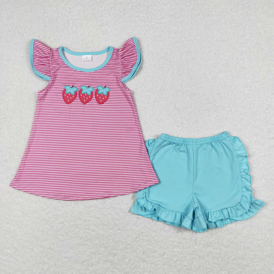 Sibling Baby Girls Flutter Sleeve Embroidery Strawberry Tunic Top Ruffle Shorts Clothes Set