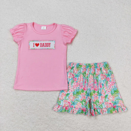 Sibling Baby Girls Embroidery I Love Dad Top Ruffle Shorts Clothes Set