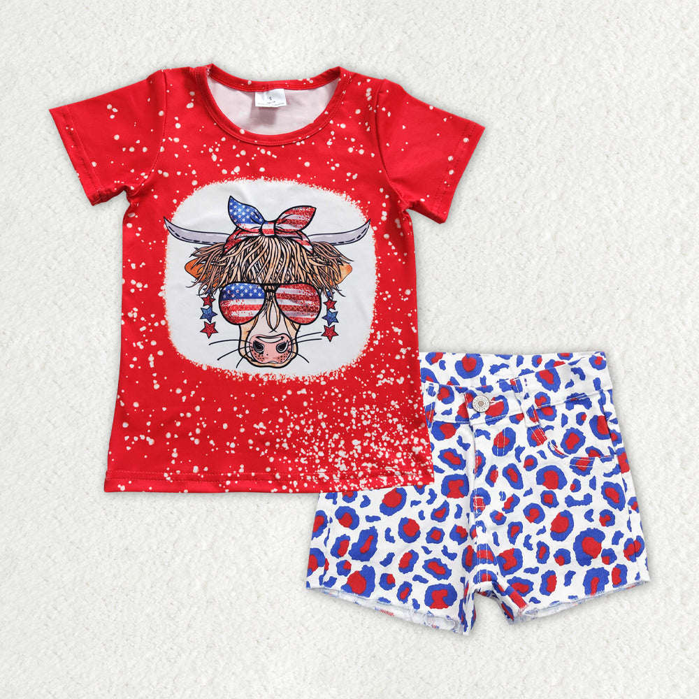 GSSO0757 Heifer Stars Top & Leopard Denim Shorts Girls 4th of July Outfits