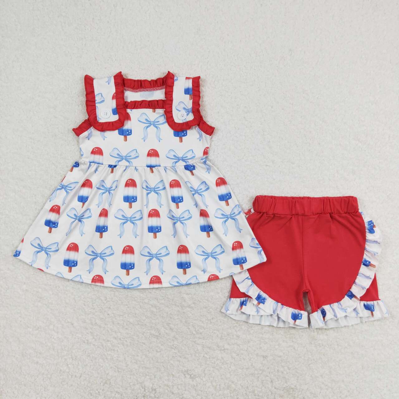 GSSO1152 Popsicle Bows Tunic Top Ruffle Shorts Baby Girls 4th of July Clothes Sets