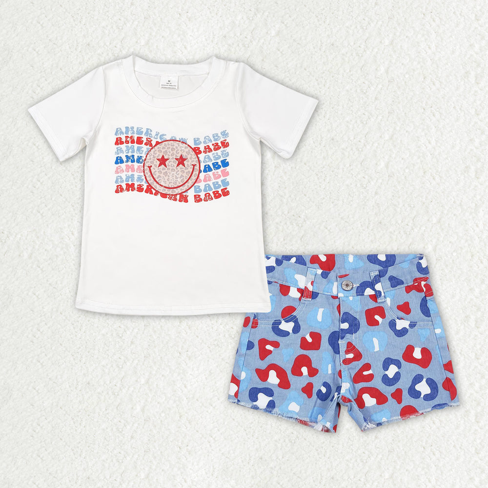GSSO1441 American Babe Top & Leopard Denim Shorts Girls 4th of July Outfits