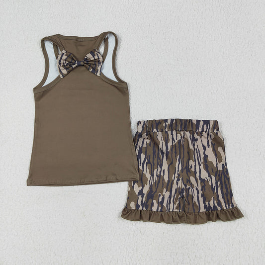 GSSO1627 Camo Bow Vest Top Ruffle Shorts Girls Summer Clothes Set