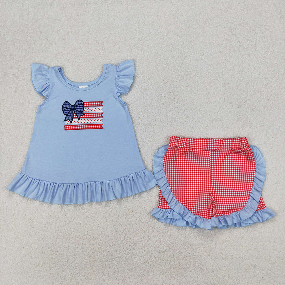 GSSO1822 Flag Bow Embroidery Blue Tunic Top Plaid Shorts Baby Girls 4th of July Clothes Sets