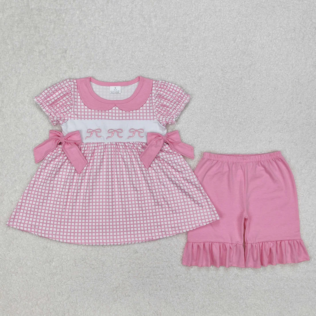 Sibling Embroidery Baby Girls Checkered Bows Tunic Ruffle Shorts Clothes Sets