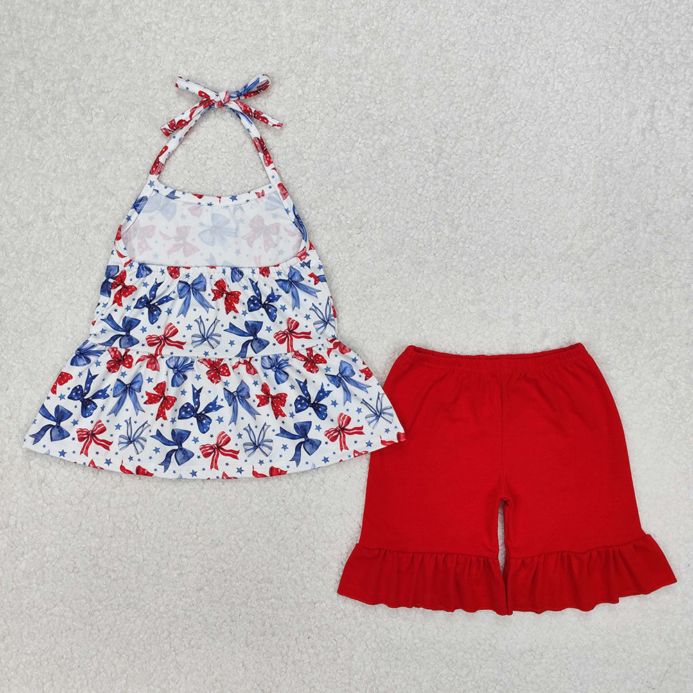 GSSO1928 Bows Stars Halter Tunic Top Red Shorts Baby Girls 4th of July Clothes Set