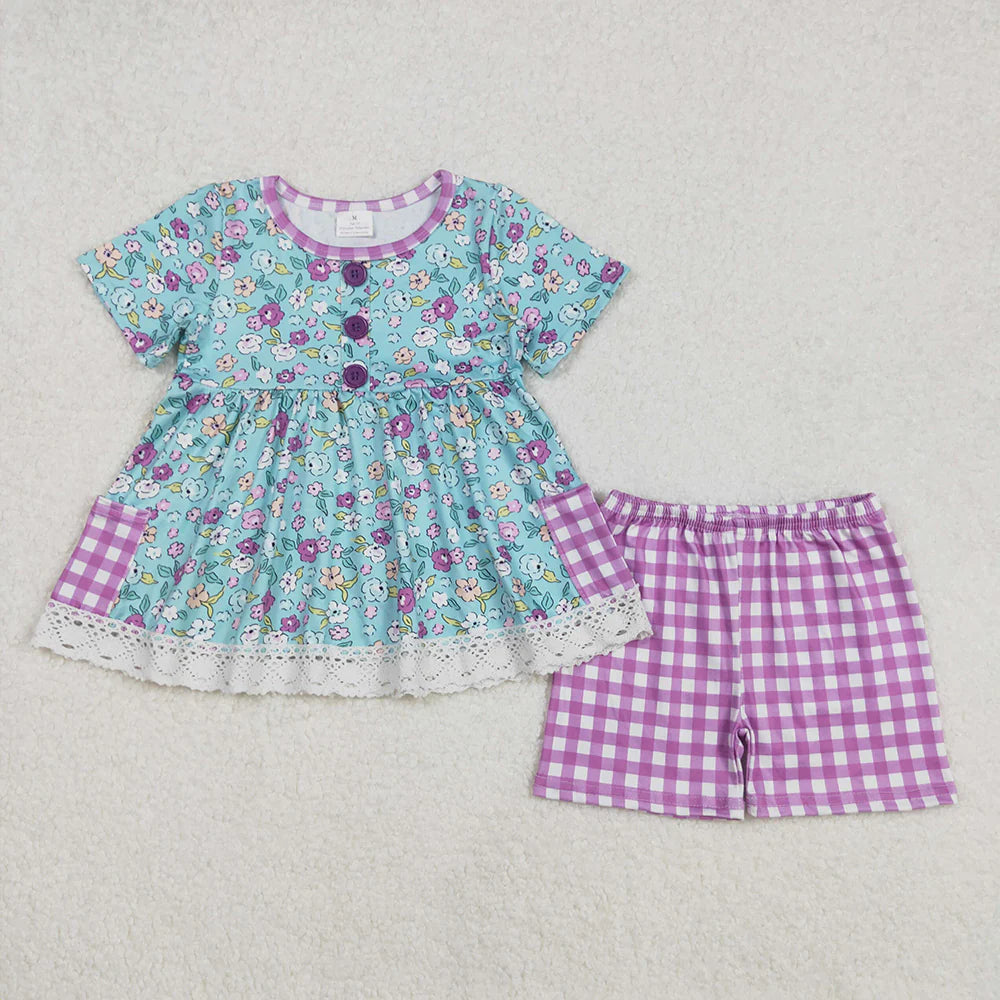 Baby Girls Blue Flowers Pockets Tunic Shorts Clothes Sets