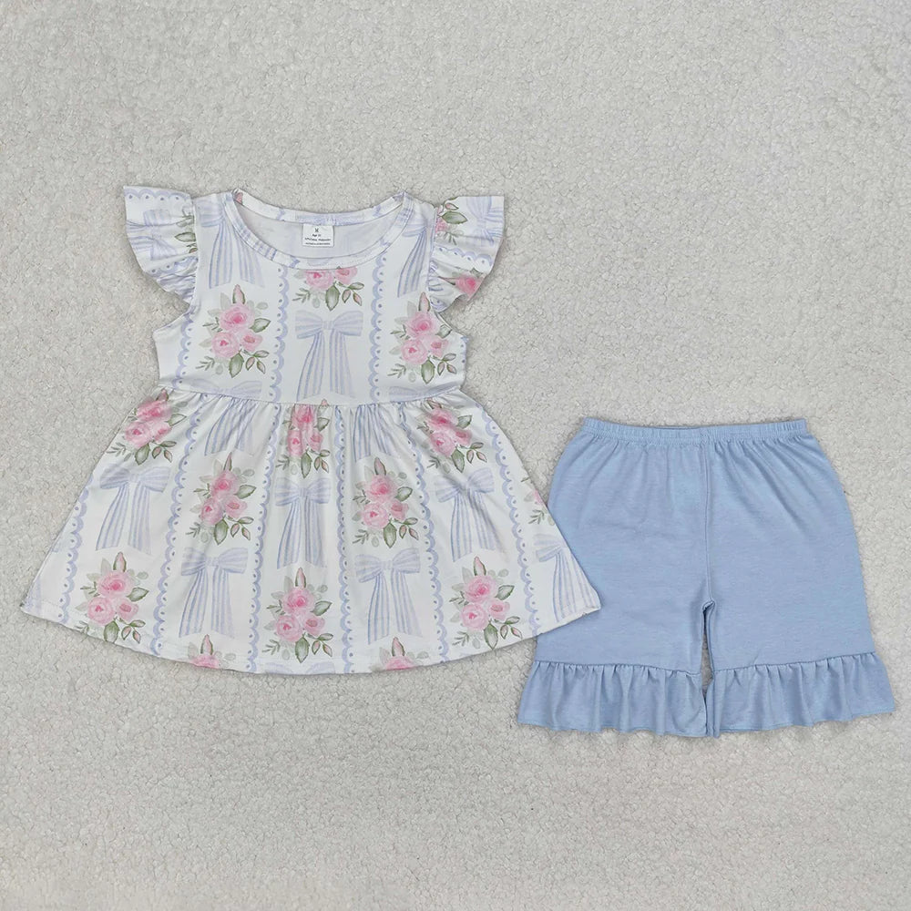 Baby Girls Pink Flowers Bows Tunic Shorts Clothes Sets