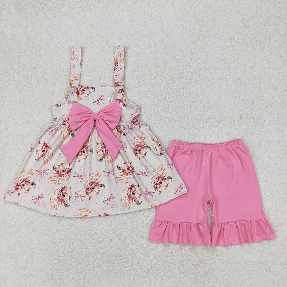 Baby Girls Pink Western Horse Bows Tunic Top Ruffle Shorts Outfits