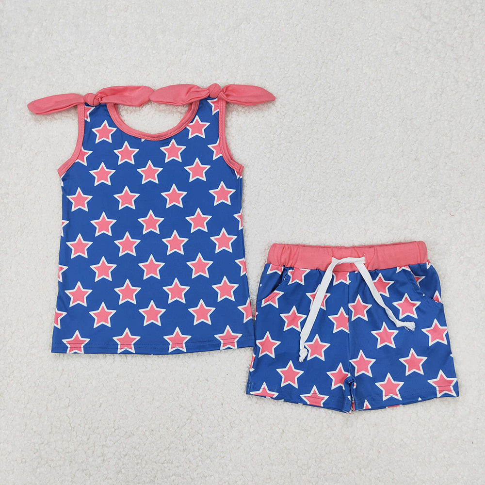 GSSO2151 Stars Sleeveless Top Pockets Shorts Baby Girls 4th of July Clothes Sets