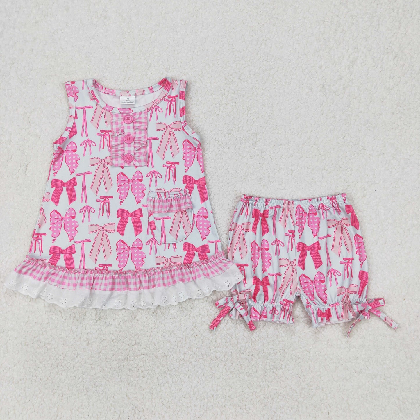 Toddler Girl Sibling Pink Bow Print Outfit +Short Sleeve Zipper Romper