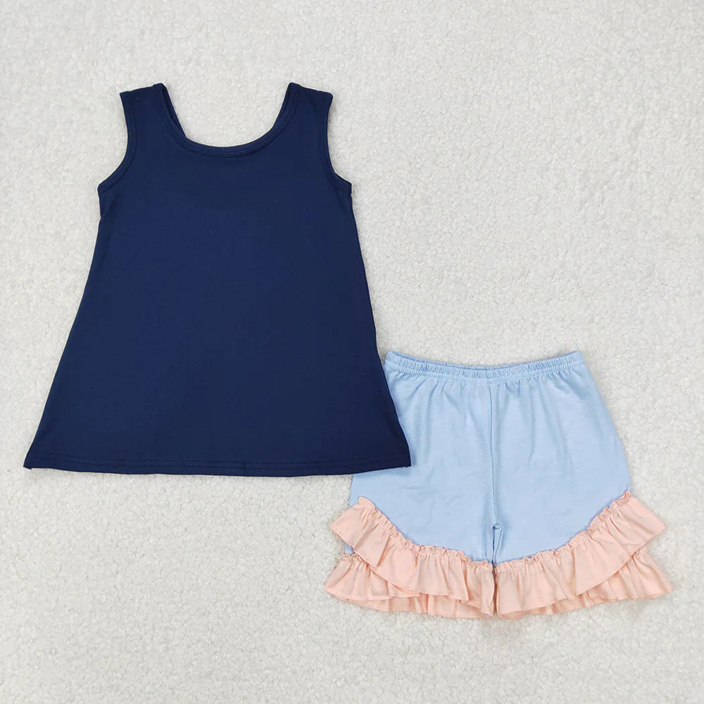 Baby Girls Navy Big Bow Back Tunic Tops Ruffle Shorts Clothes Sets