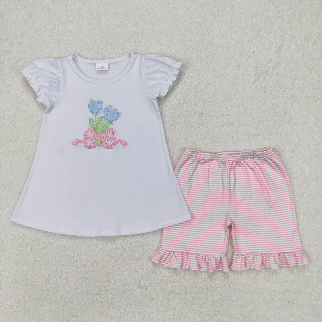 Sibling Embroidery Baby Girls Flowers Bows Tops Ruffle Shorts Clothes Sets
