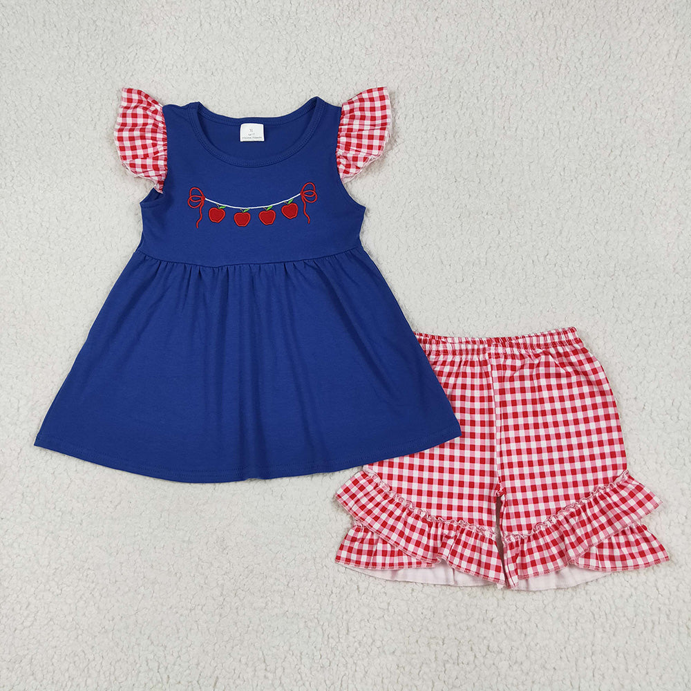 GSSO2314 Apple Embroidery Blue Tunic Top Red Plaid Shorts Girls Back to School Clothes Set