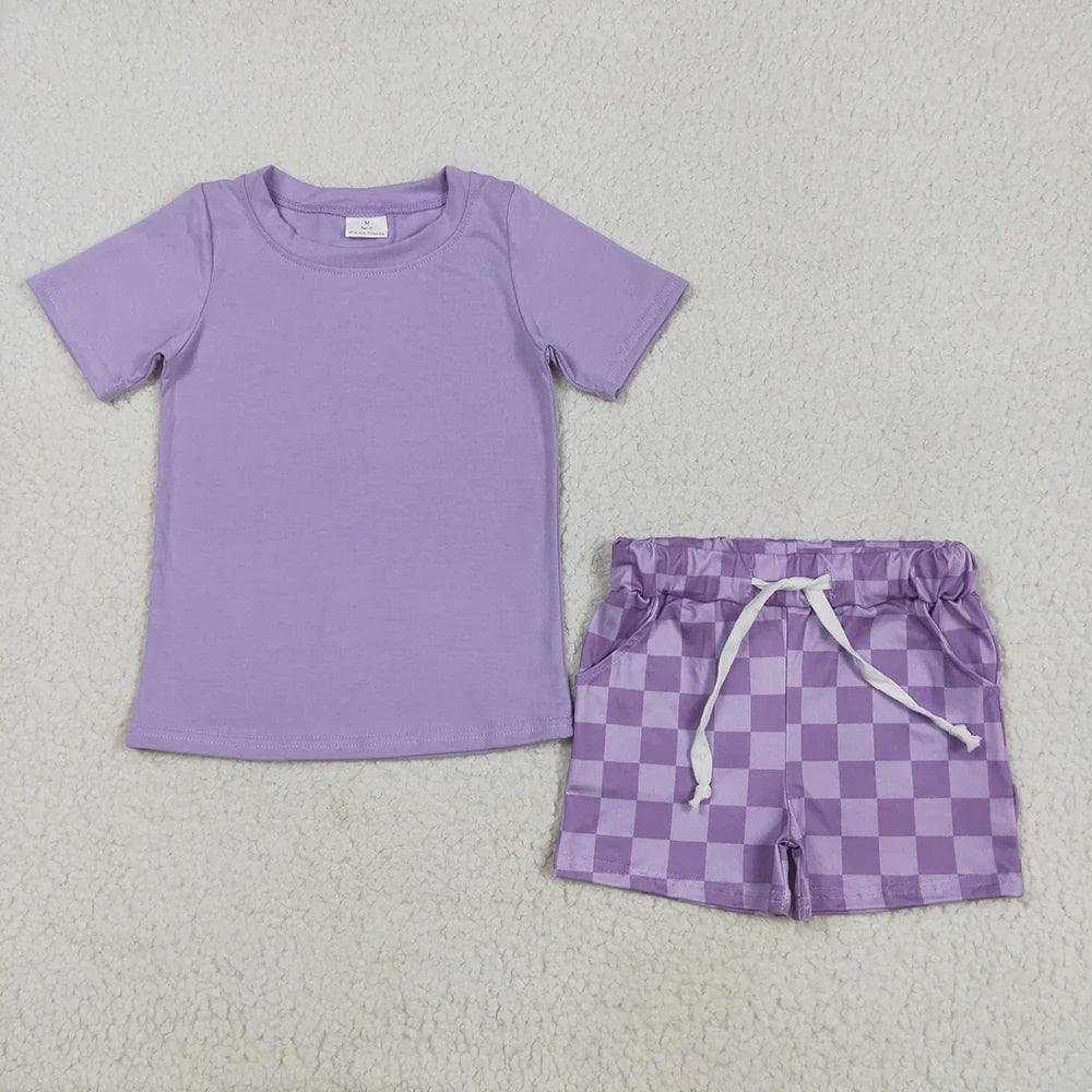 Baby Girls Lavender Short Sleeves Top Plaid Shorts Sets