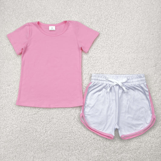 Sibling Toddler Girls & Boys Solid Color Short Sleeve Top with Striped Shorts Outfit