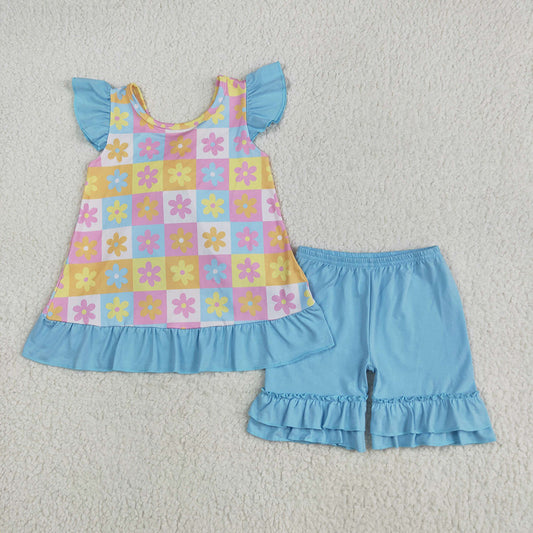 GSSO2623 Colorful Flowers Plaid Backless Top Blue Ruffle Shorts Girls Summer Clothes Set
