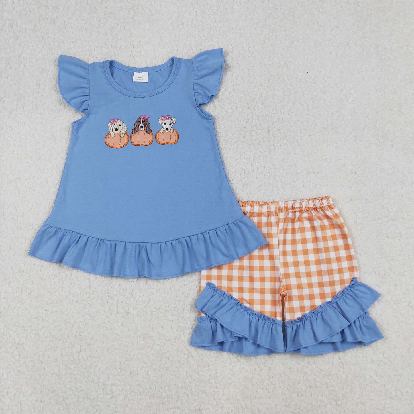 GSSO2700 Dog Pumpkin Embroidery Blue Top Checkered Shorts Girls Fall Clothes Set