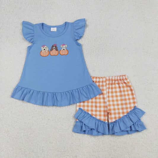 Sibling Baby Boys Girls Embroidery Pumpkins Dogs Shorts Clothes Sets Rompers