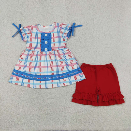 GSSO2815 Plaid Small Flowers Tunic Top Red Shorts Girls 4th of July Clothes Set