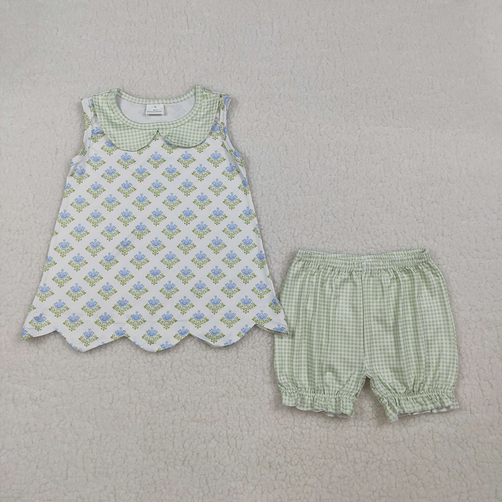 GSSO2850 Flowers Doll Collar Sleeveless Scallop Top Plaid Shorts Girls Summer Clothes Set