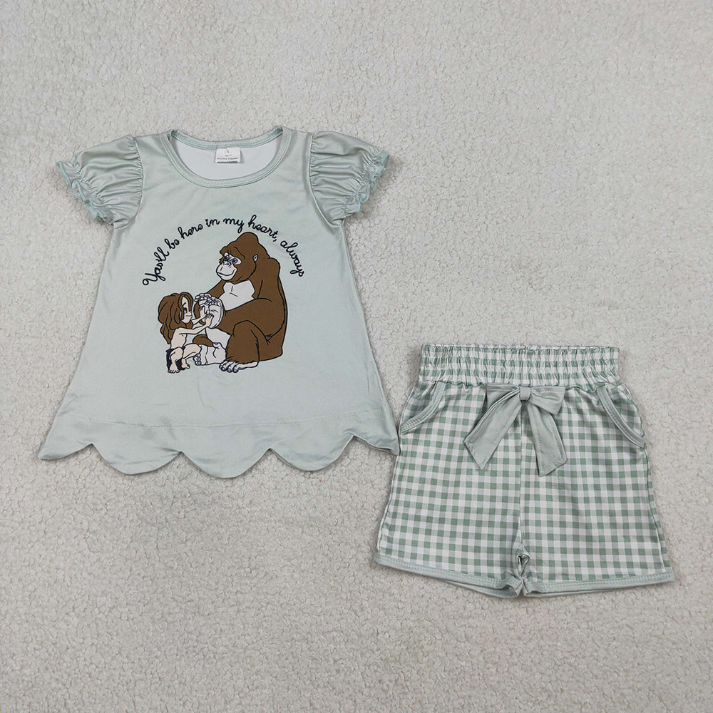 GSSO2906 Cartoon Monkey Scallop Top Plaid Shorts Girls Summer Clothes Set