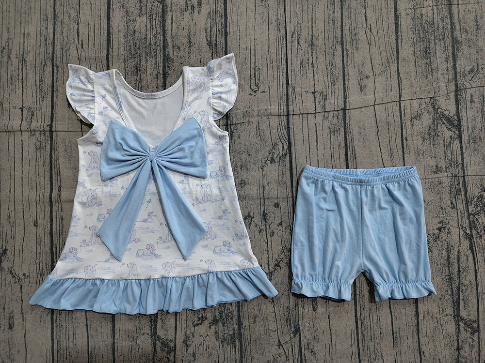 GSSO3061 Puppy Backless Bow Top Blue Shorts Girls Summer Clothes Set
