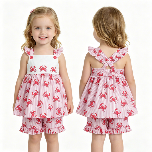 Crab Strap Tunic Top Ruffle Shorts Girls Summer Clothes Set