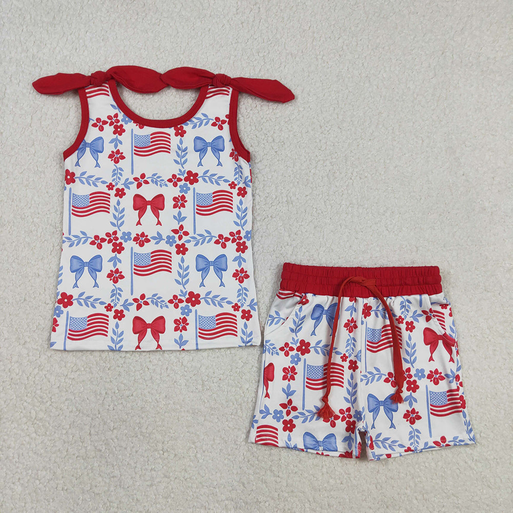 Flag Flowers Bows Print Girls 4th of July Clothes Sibling Matching Styles