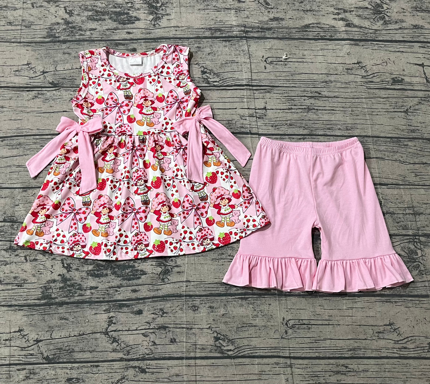 Preorder GSSO3104 Strawberry Bows Tunic Top Pink Shorts Girls Summer Clothes Set