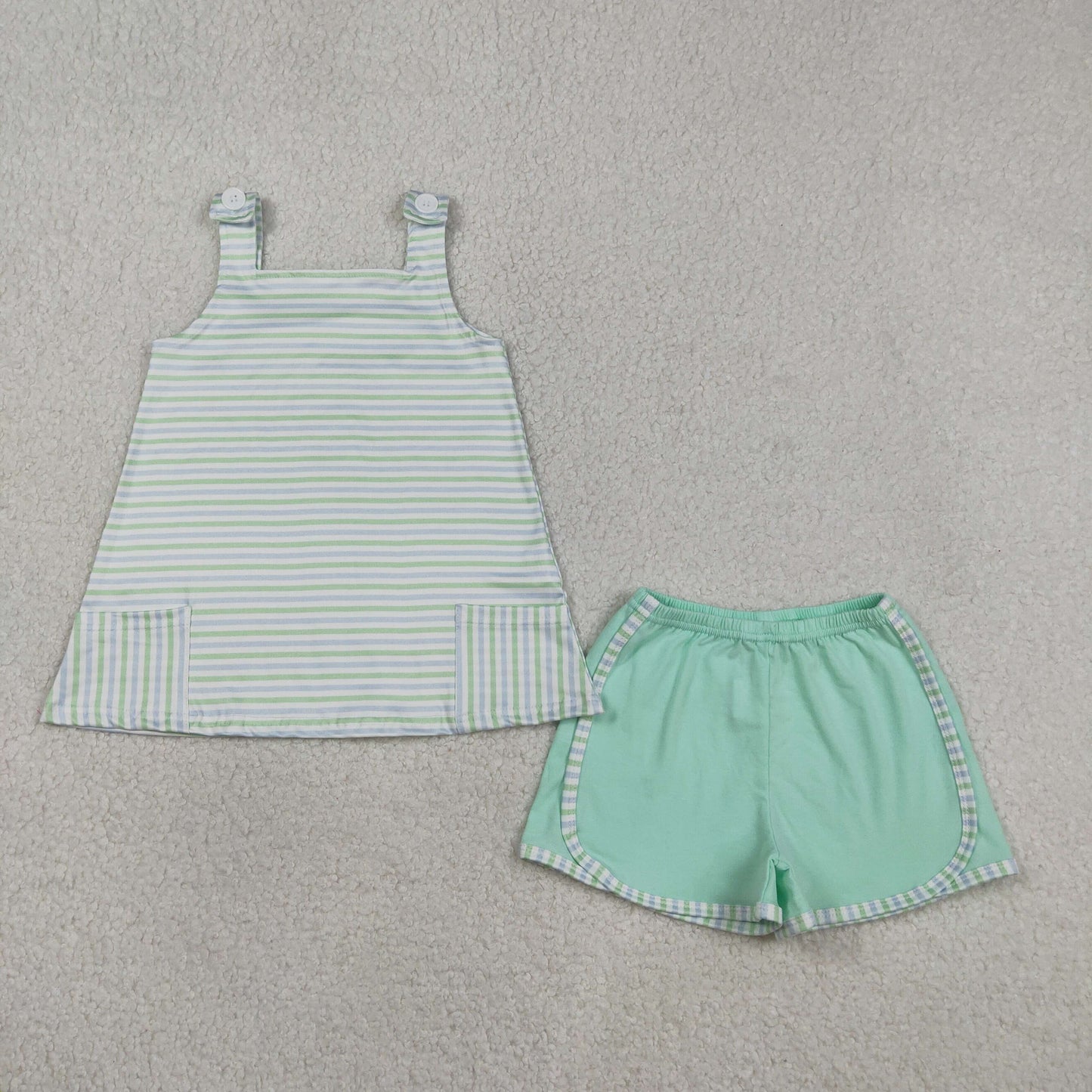 GSSO3110 Stripes Pockets Strap Top Green Shorts Girls Summer Clothes Set