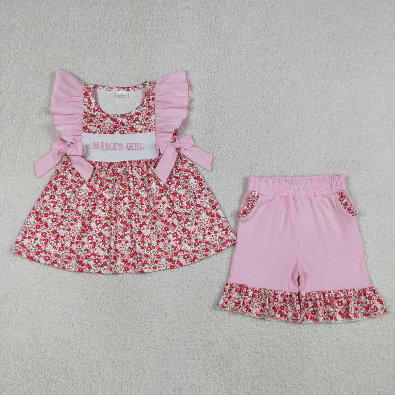 Embroidery Mama's Girls Flowers Tunic Pockets Ruffle Shorts Clothes Set