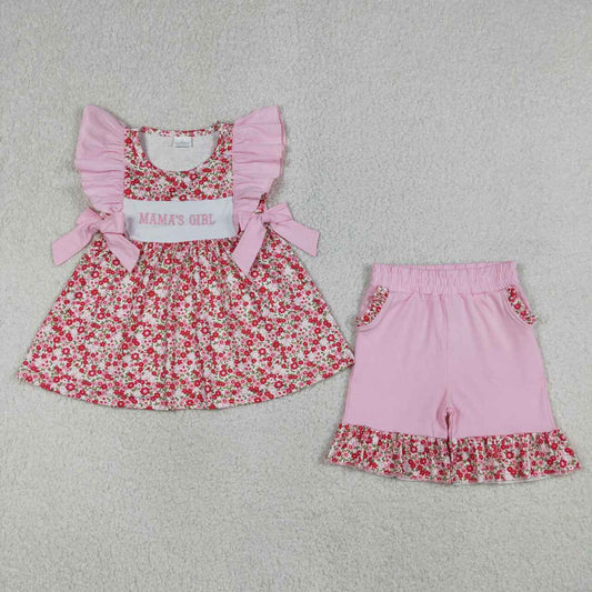 Embroidery Mama's Girls Flowers Tunic Pockets Ruffle Shorts Clothes Set