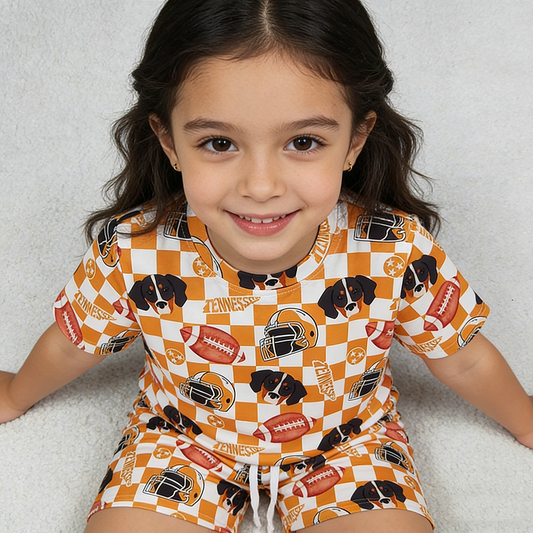 GSSO3161 Teams Tennessee Orange Plaid Print Kids Summer Set