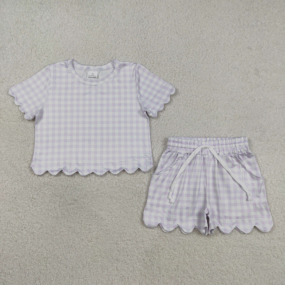 GSSO3181 Lavender Plaid Print Pockets Shorts Girls Summer Scallop Clothes Set