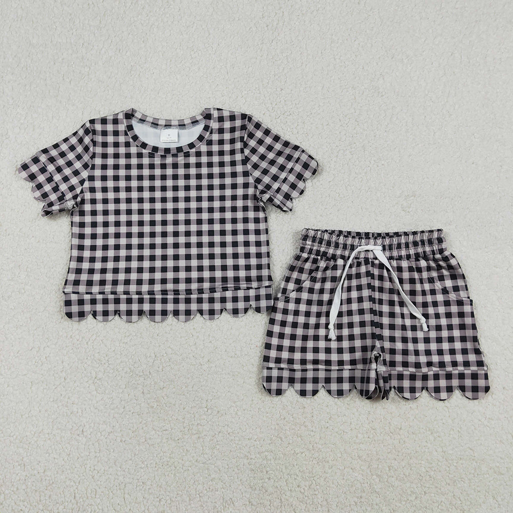 GSSO3182 Black Plaid Print Pockets Shorts Girls Summer Scallop Clothes Set