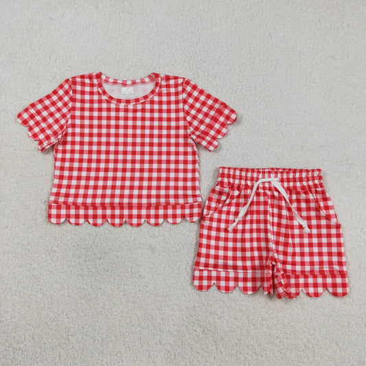 Sibling Baby Girls Colorful Checked Scallop Shirts Top Pockets Short Outfit