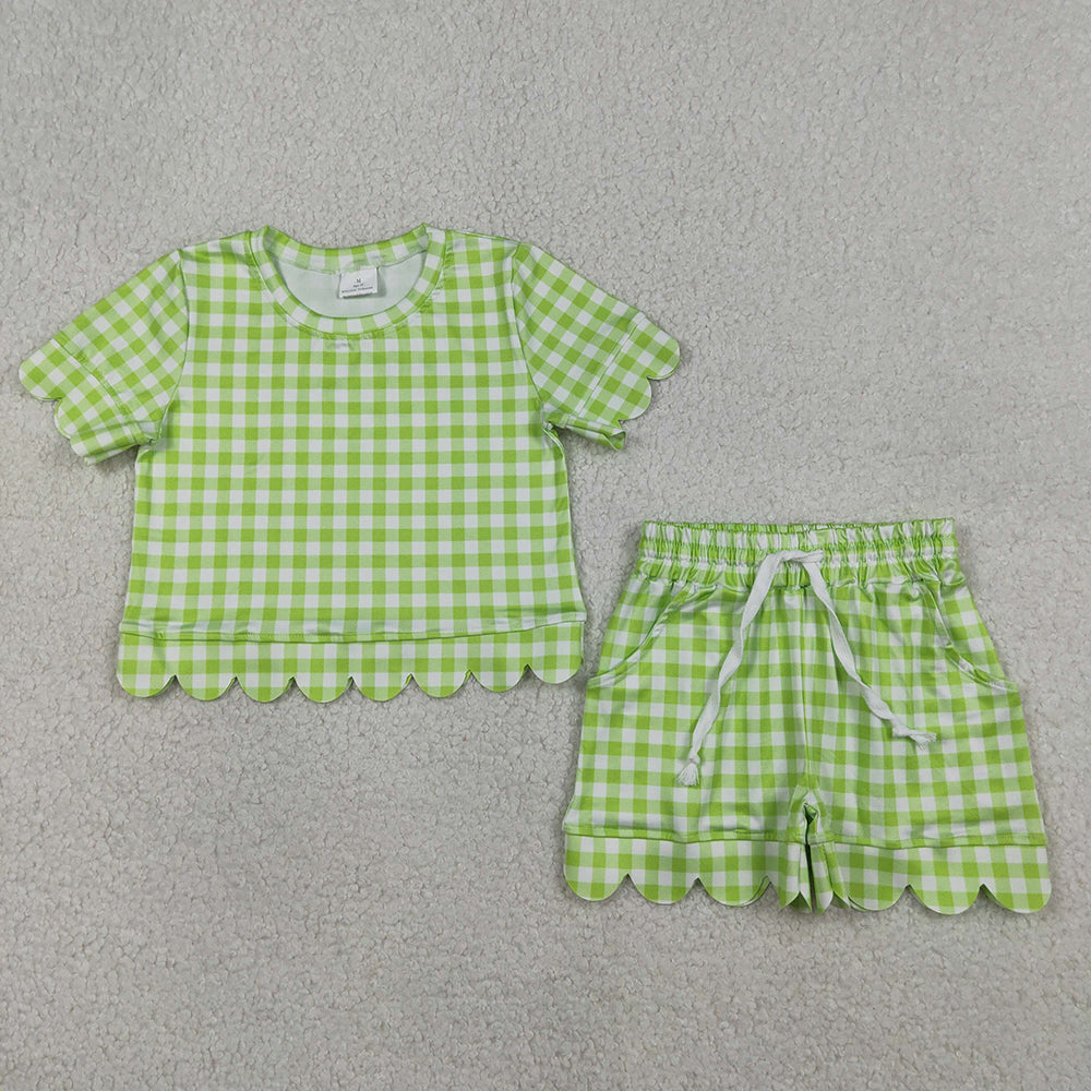 GSSO3189 Green Plaid Print Pockets Shorts Girls Summer Scallop Clothes Set