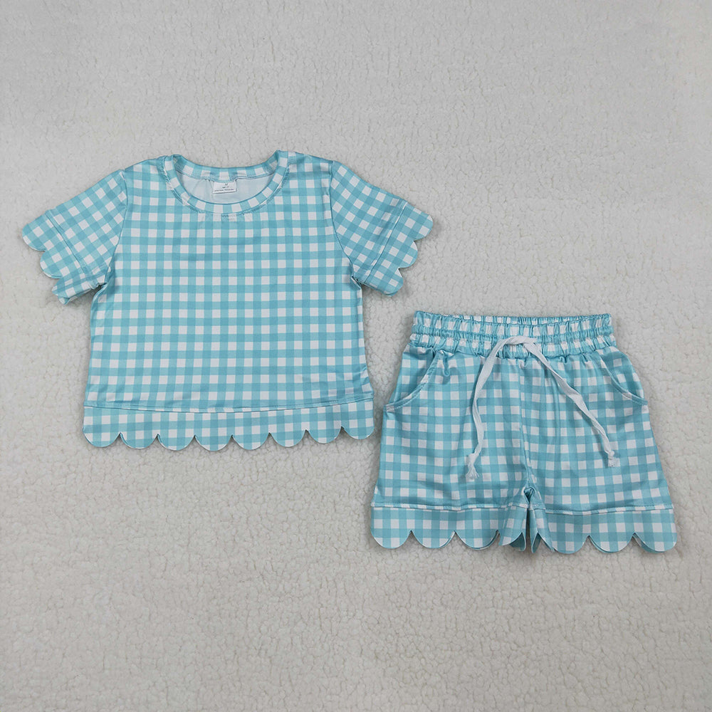 GSSO3190 Blue Plaid Print Pockets Shorts Girls Summer Scallop Clothes Set