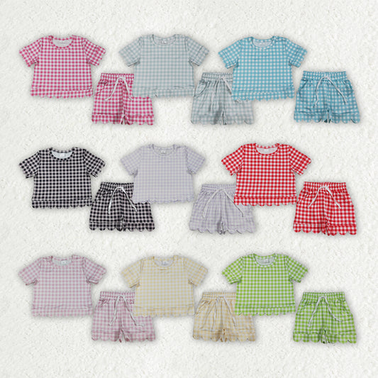 Sibling Baby Girls Colorful Checked Scallop Shirts Top Pockets Short Pajamas Clothes Sets