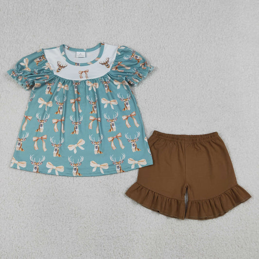 Deer Bows Top Brown Shorts Girls Summer Clothes Set