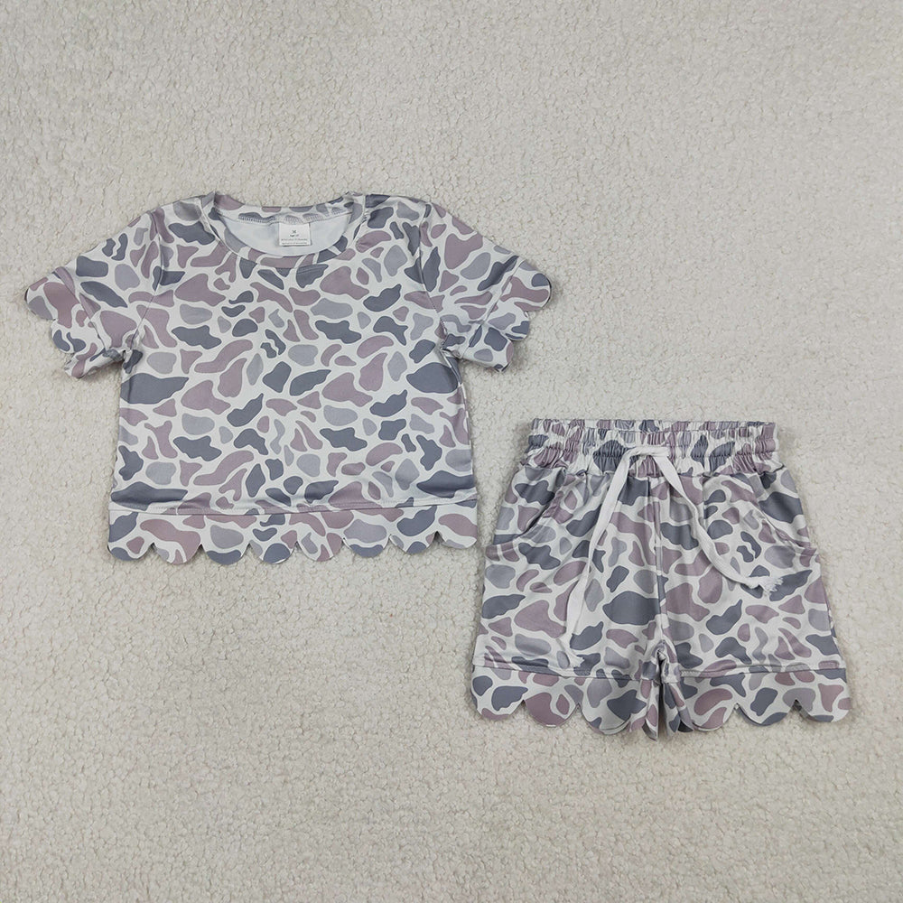 GSSO3226 Grey Camo Scallop Shorts Set - Girls’
