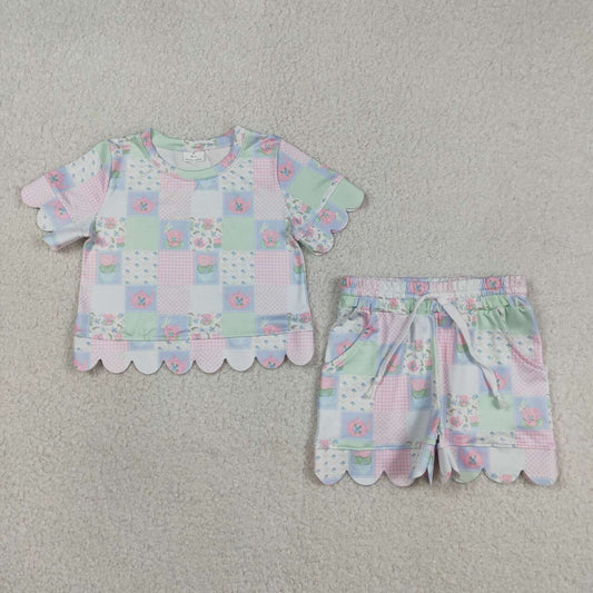 Baby Girls Colorful Flowers Checked Top Scallop Shorts Clothes Sets