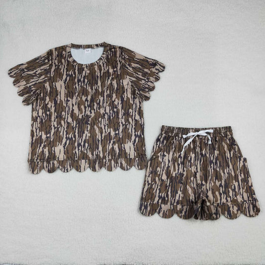 Mommy and Me Camo Scallop Outfits, Short Sleeve Two Piece Set for Mother Daughter